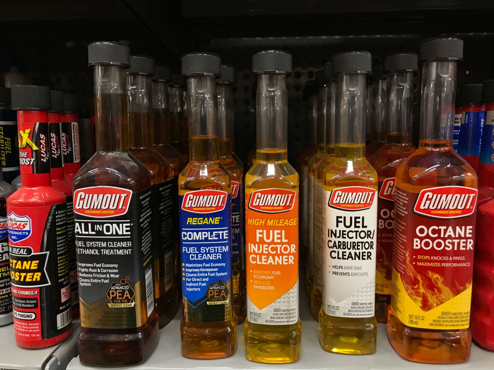 Fuel injector cleaners on display in a retail store