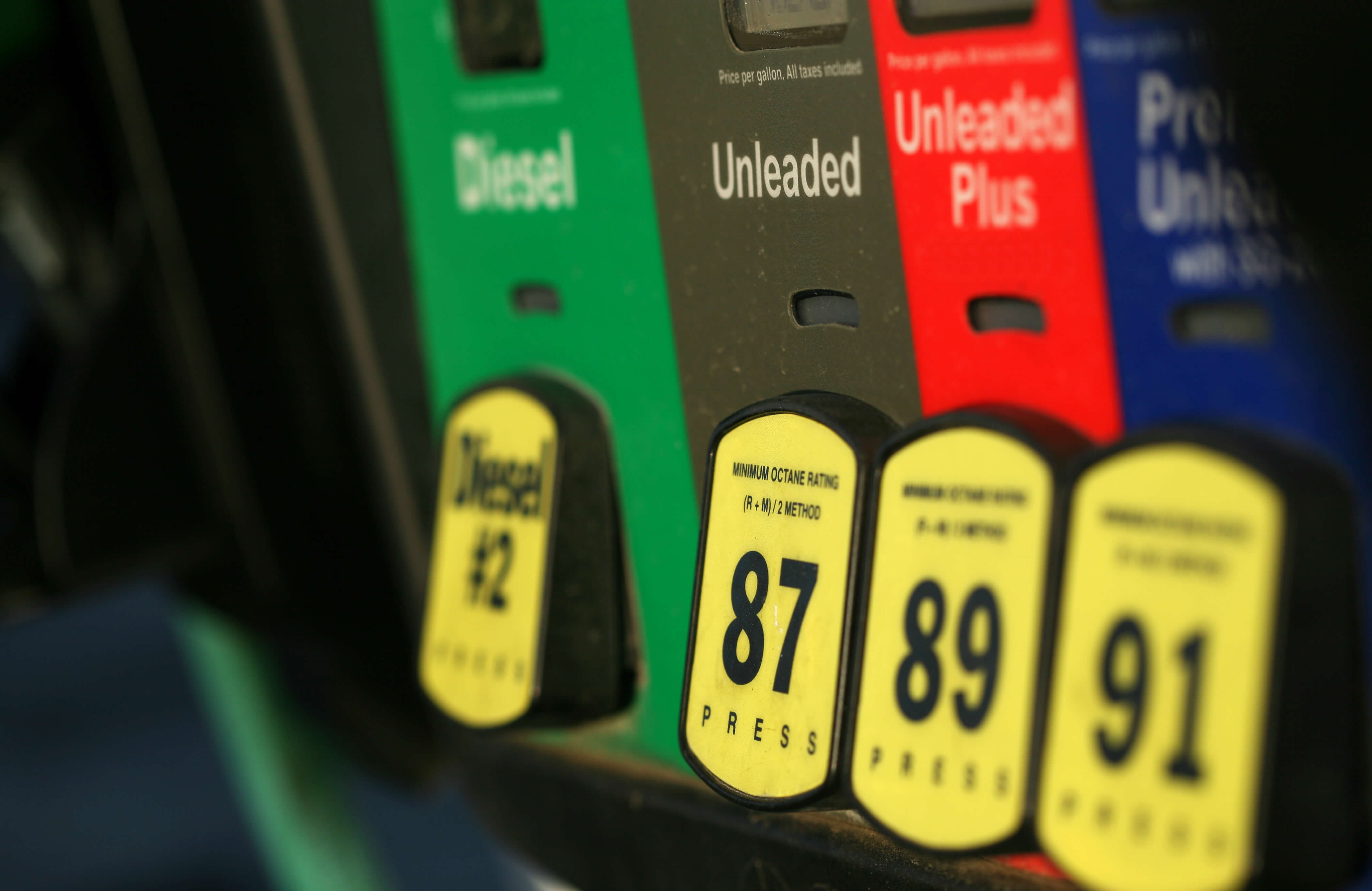 Close up shot of gas pump fuel grades